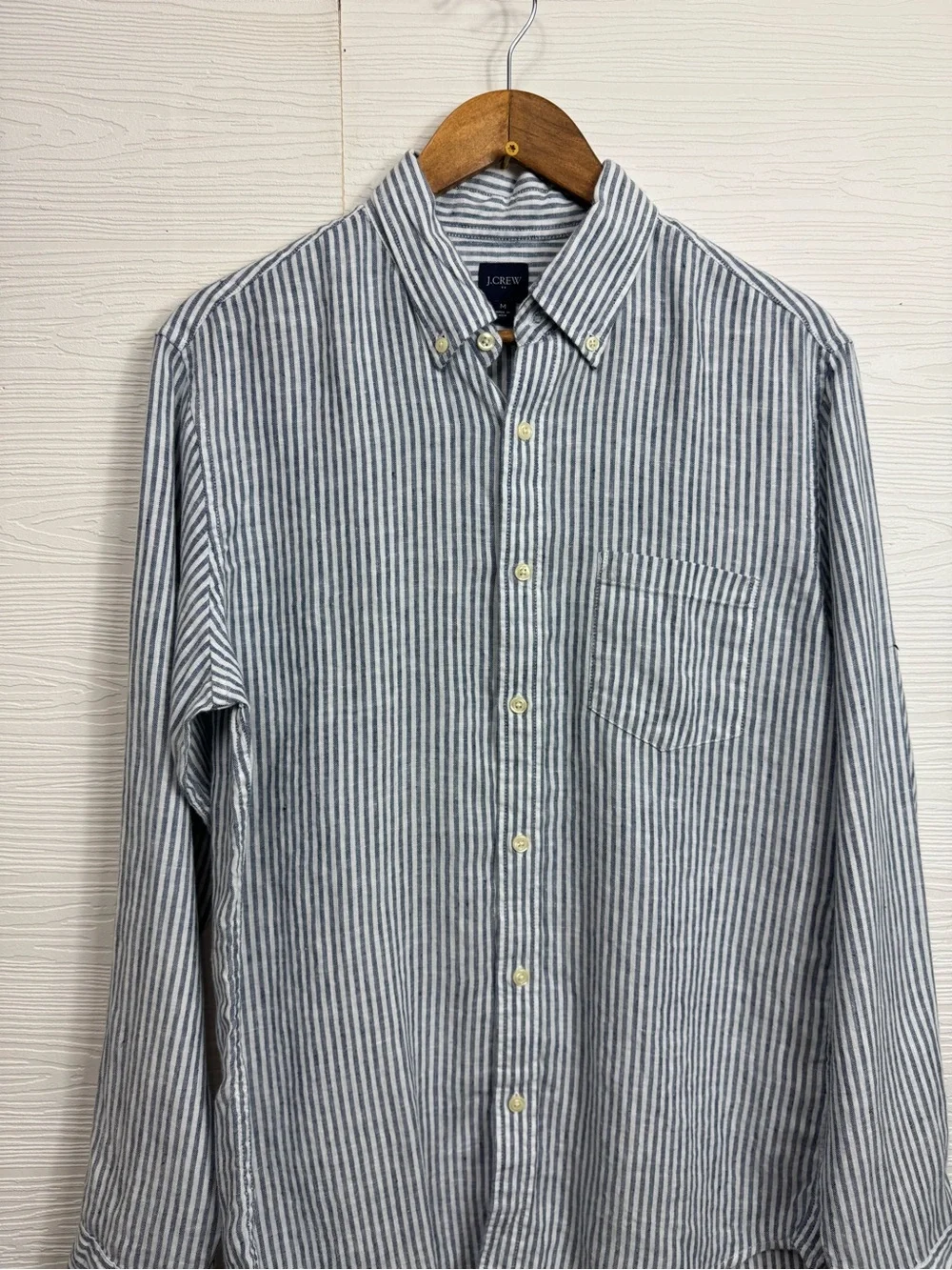 J. Crew Men's Navy and White Vertical Stripe Button-Down Shirt Slim Fit Linen